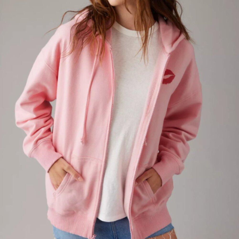 AE x Mean Girls Oversized Zip-Up Pink Hoodie sz M On Wednesdays We Wear Pink NWT - Picture 6 of 9